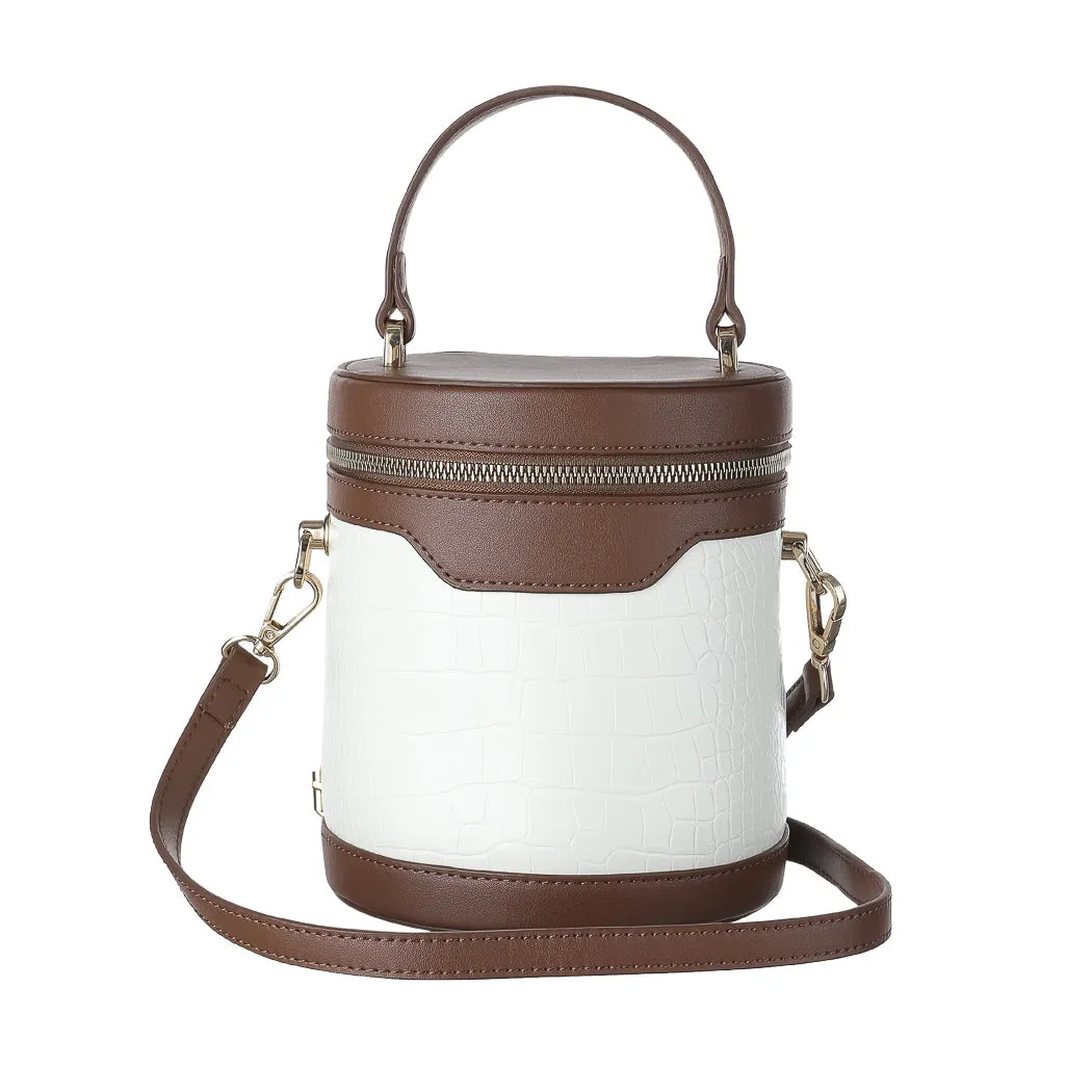 Barrel Shape Stone Pattern Crossbody Handbag(Brown and White)