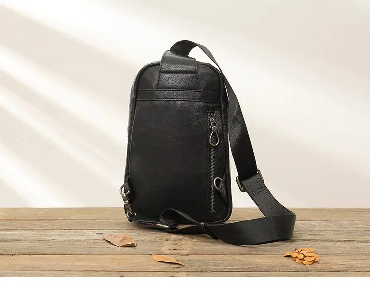 Black Casual Leather Mens 8 inches Sling Bag Chest Bag Black One Shoulder Backpack Phone Bag for Men