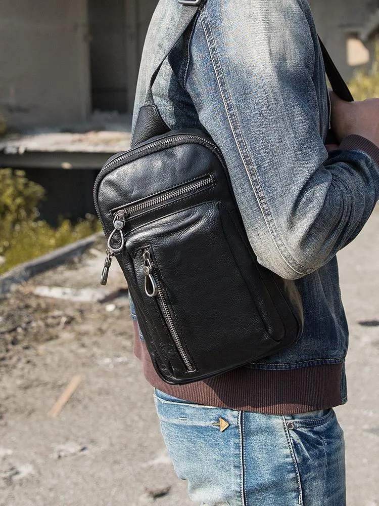 Black Casual Leather Mens 8 inches Sling Bag Chest Bag Black One Shoulder Backpack Phone Bag for Men