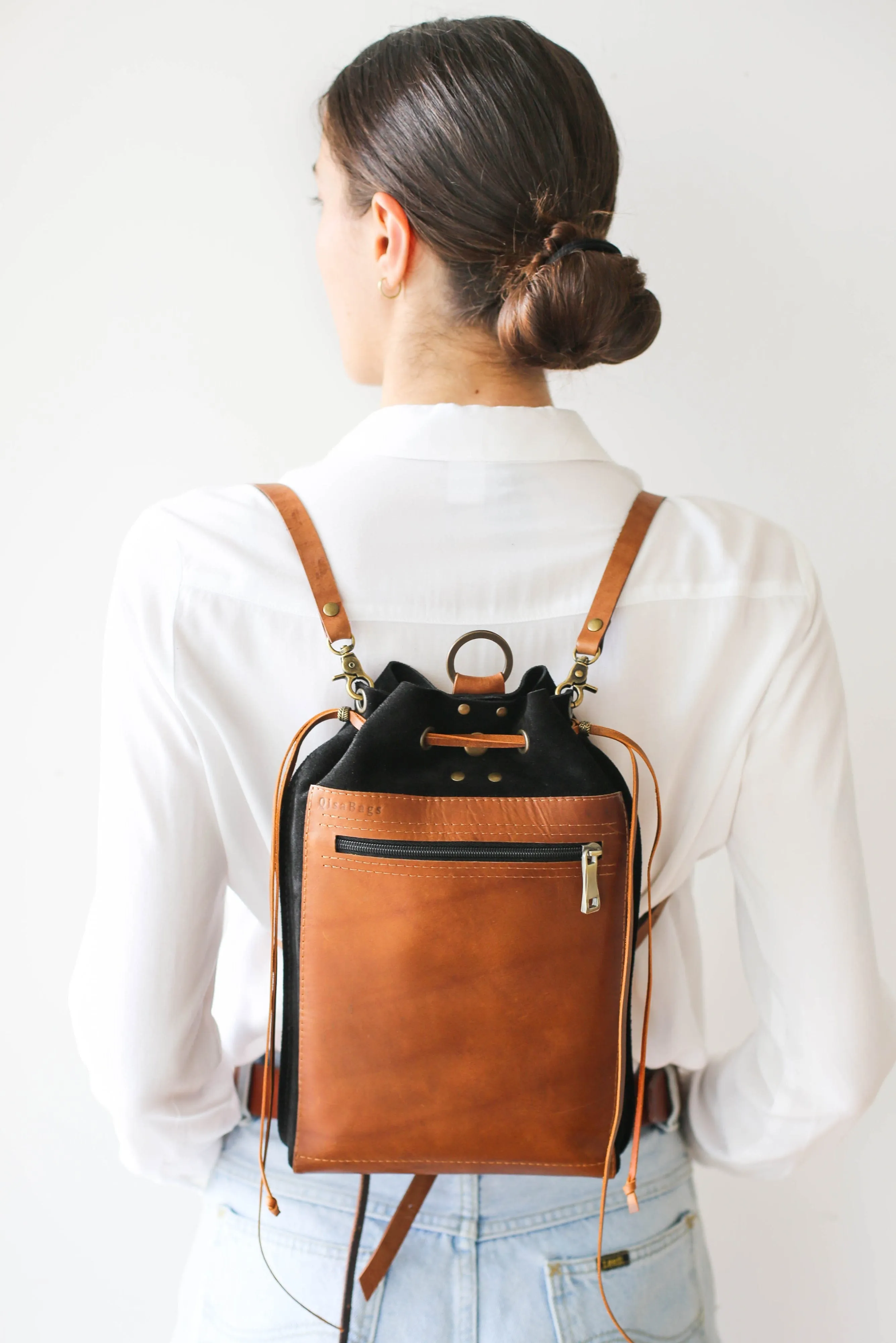 Black Leather Drawstring Backpack Purse