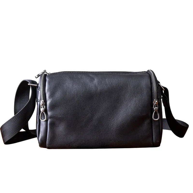 Black Leather Men's Small Barrel Side Bag Small Black Messenger Overnight Bag For Men