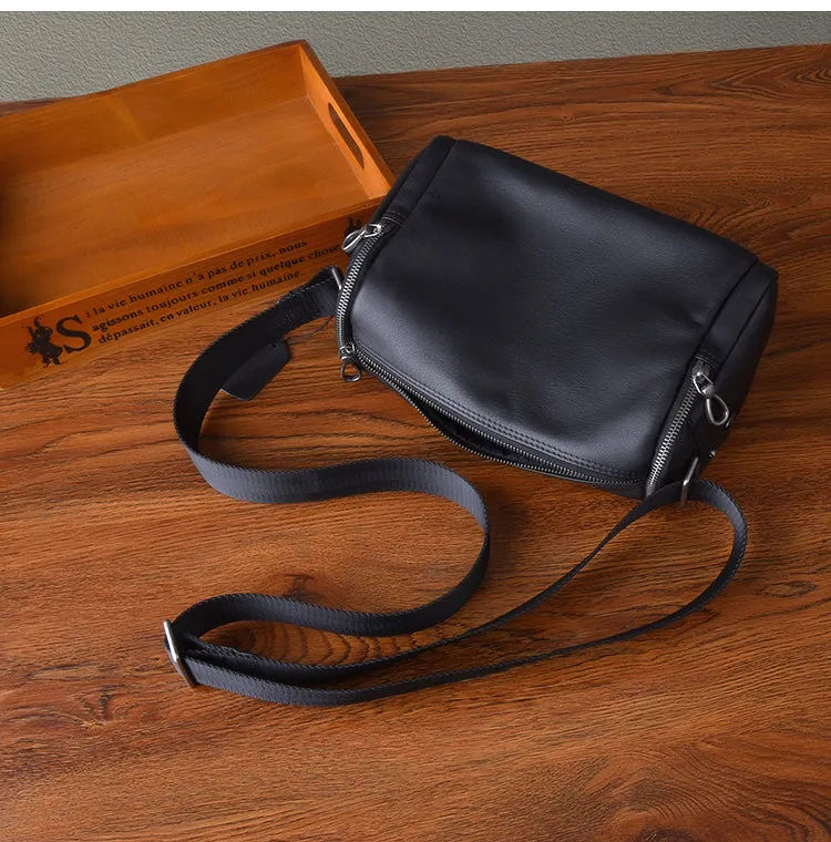 Black Leather Men's Small Barrel Side Bag Small Black Messenger Overnight Bag For Men