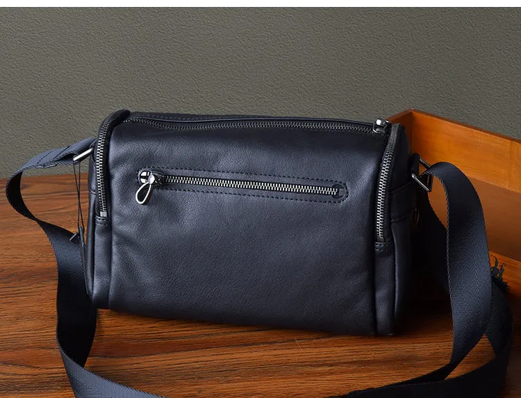 Black Leather Men's Small Barrel Side Bag Small Black Messenger Overnight Bag For Men