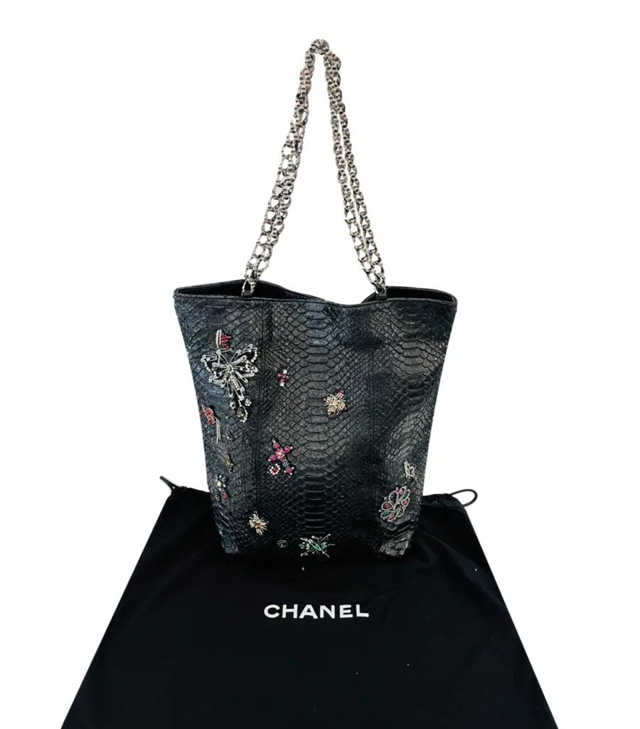 Chanel Paris London  Python Skin Crystal Embellished Tote Bag