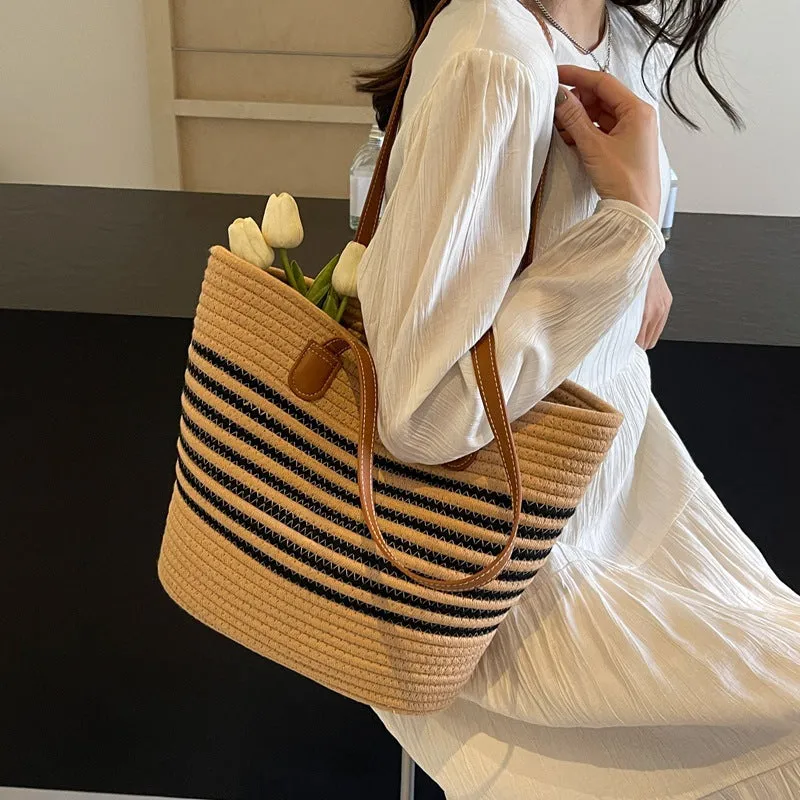 DUNNMALL Trendy One-Shoulder Straw Bag  New Women's Bag Large Capacity Woven Tote Bag Seaside Holiday Portable Beach Bag