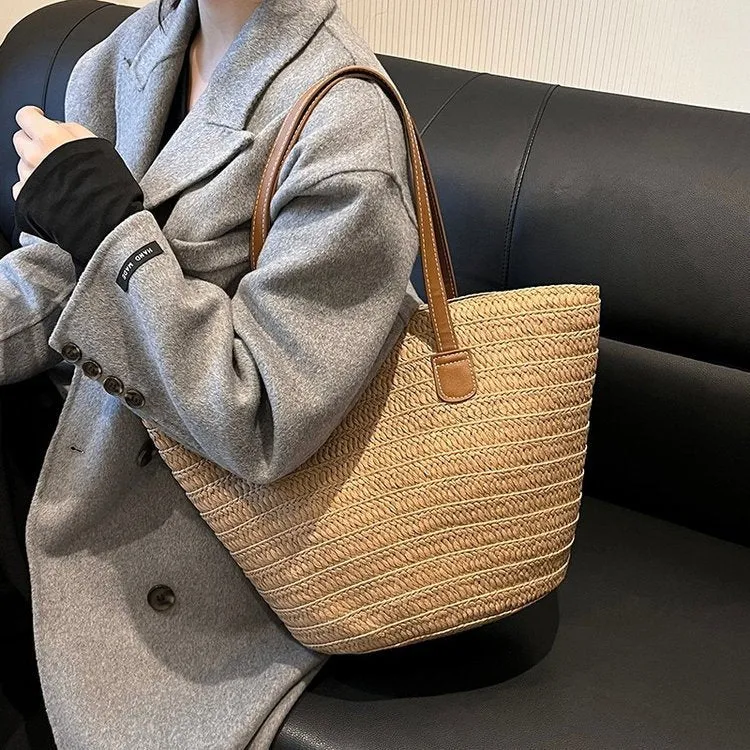 DUNNMALL Trendy One-Shoulder Straw Bag  New Women's Bag Large Capacity Woven Tote Bag Seaside Holiday Portable Beach Bag