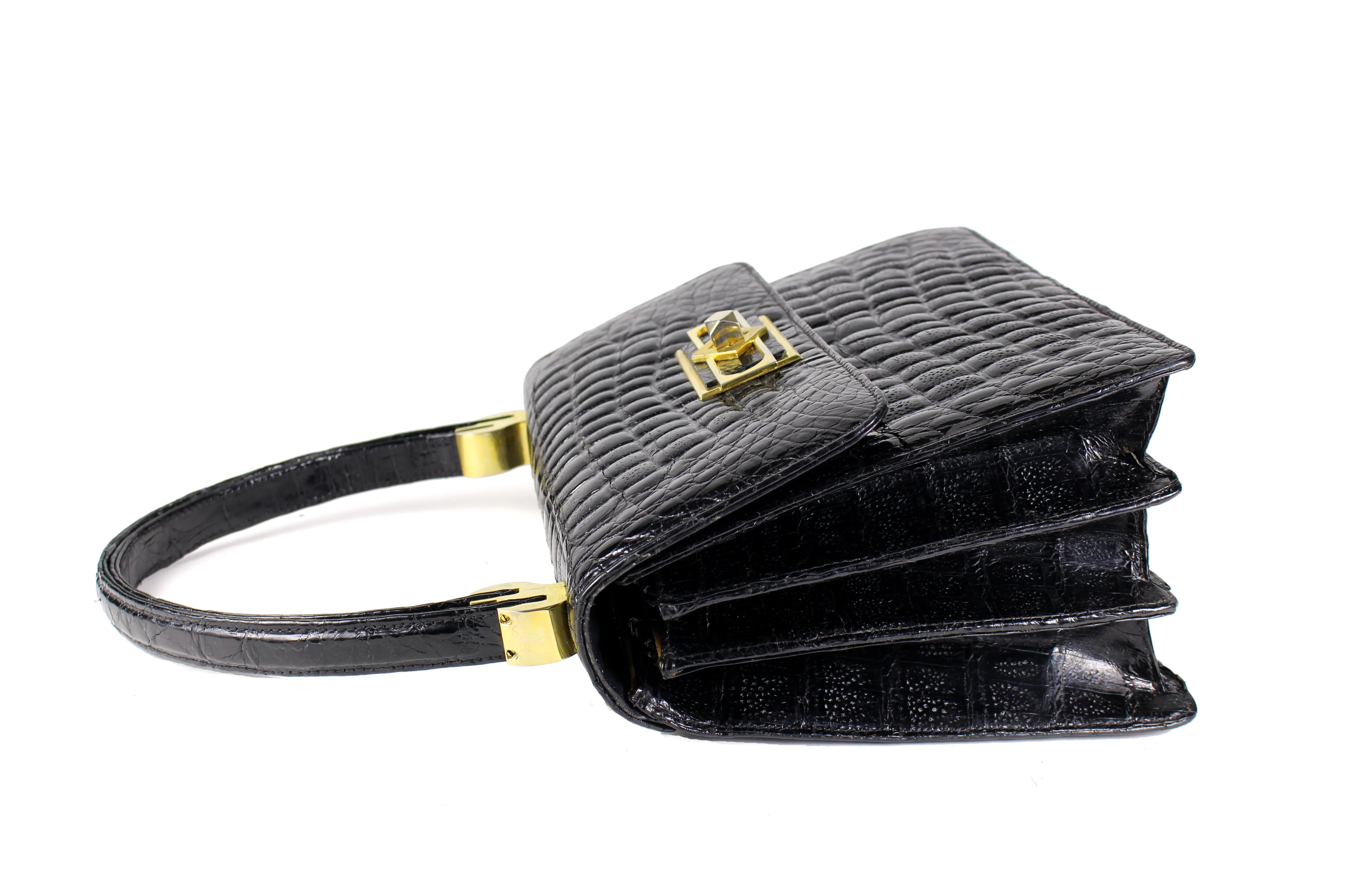 Jet black large "sauvage" crocodile skin flap handbag