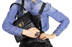 Jet black large "sauvage" crocodile skin flap handbag