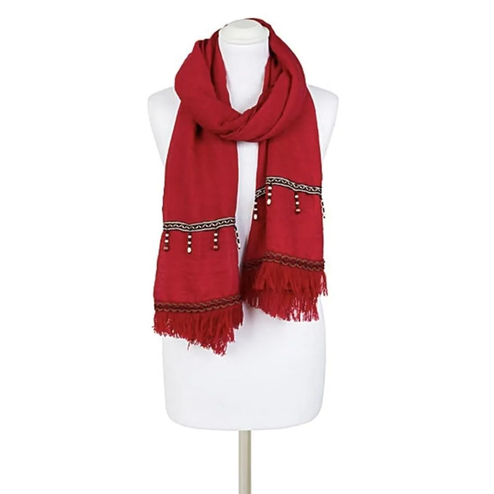 Klaudia Womens Red Fringed Scarf Fringed Beaded Wrap