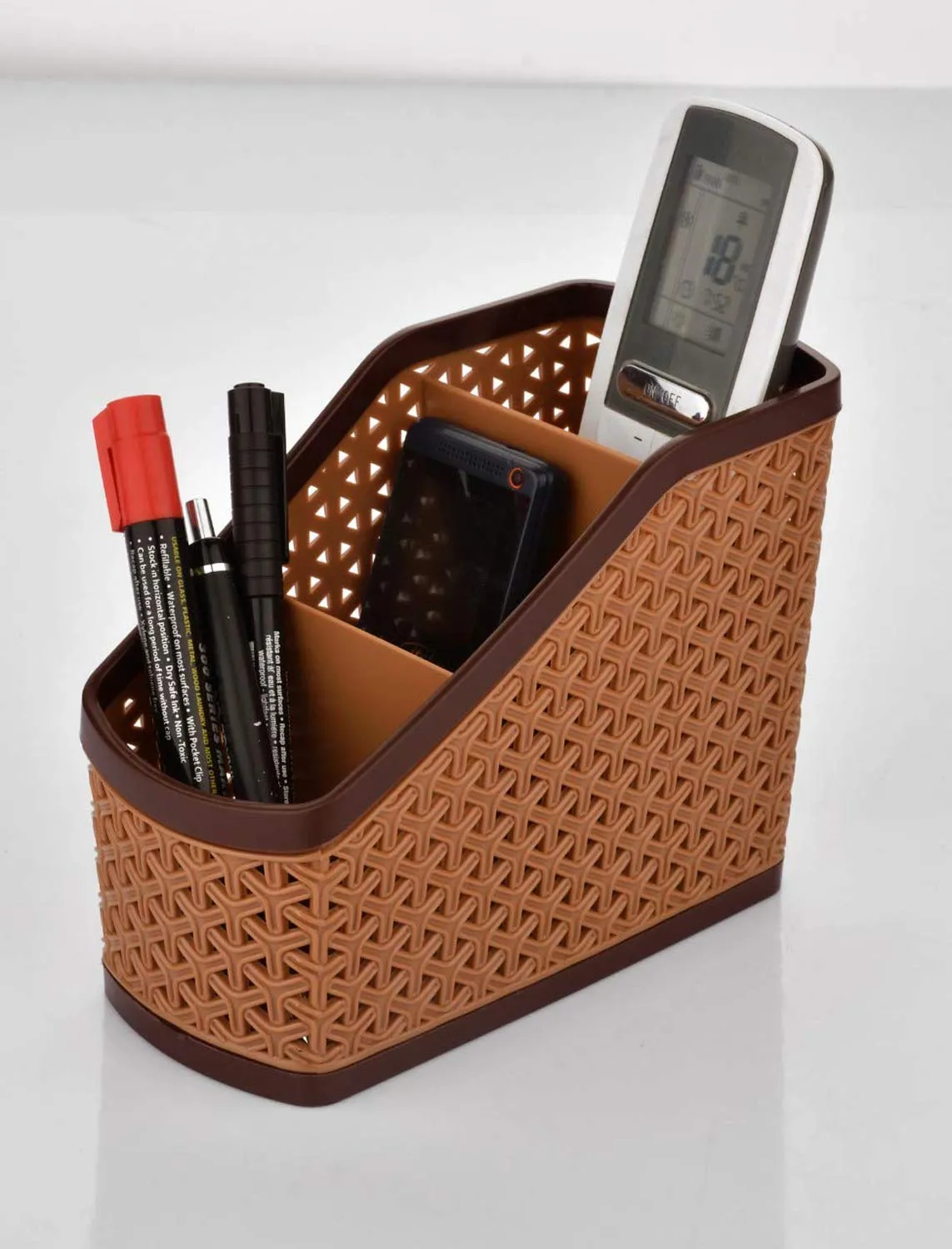 Kuber Industries Plastic 4 Pieces Multi-Purpose Compact Desk Storage Organizer Stationary Box for Case Pen Pencil Holder, Plastic Cosmetics, Make Up Organizer Container(Brown & Beige)-KUBMART3239