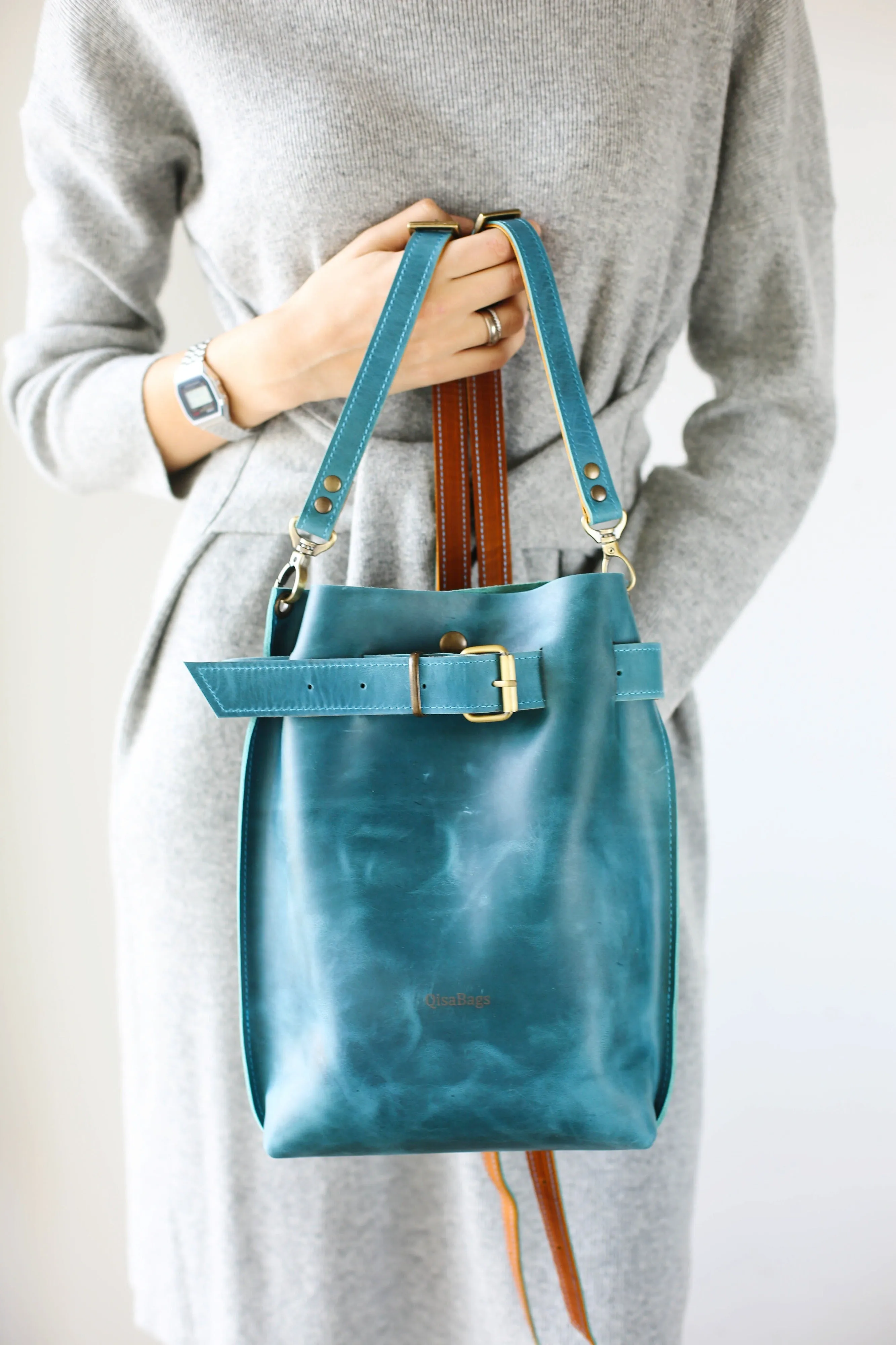 Sky Blue Leather Bag - Italian Leather