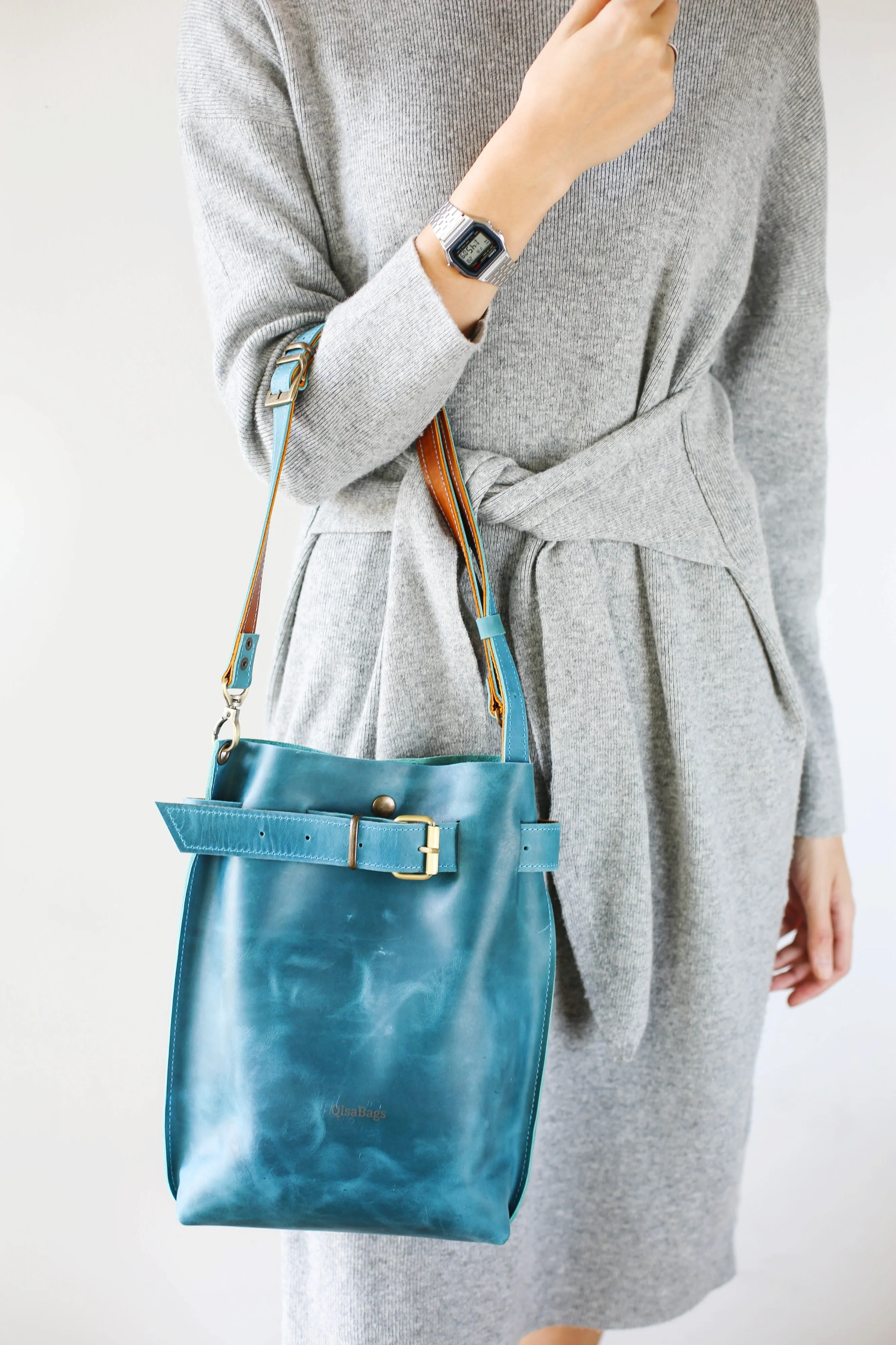 Sky Blue Leather Bag - Italian Leather