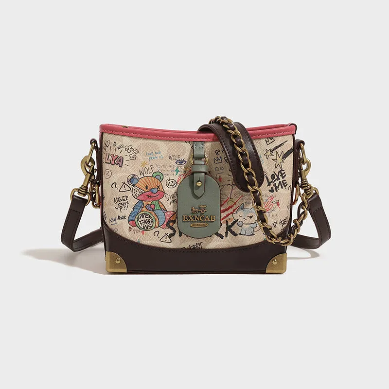 Special-Interest Design Hong Kong It Fashion All-Match Trendy Women's Bags Bear Graffiti Crossbody Shoulder Bag Large-Capacity Bucket Bag