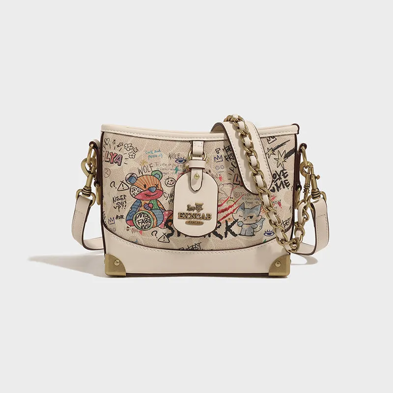 Special-Interest Design Hong Kong It Fashion All-Match Trendy Women's Bags Bear Graffiti Crossbody Shoulder Bag Large-Capacity Bucket Bag