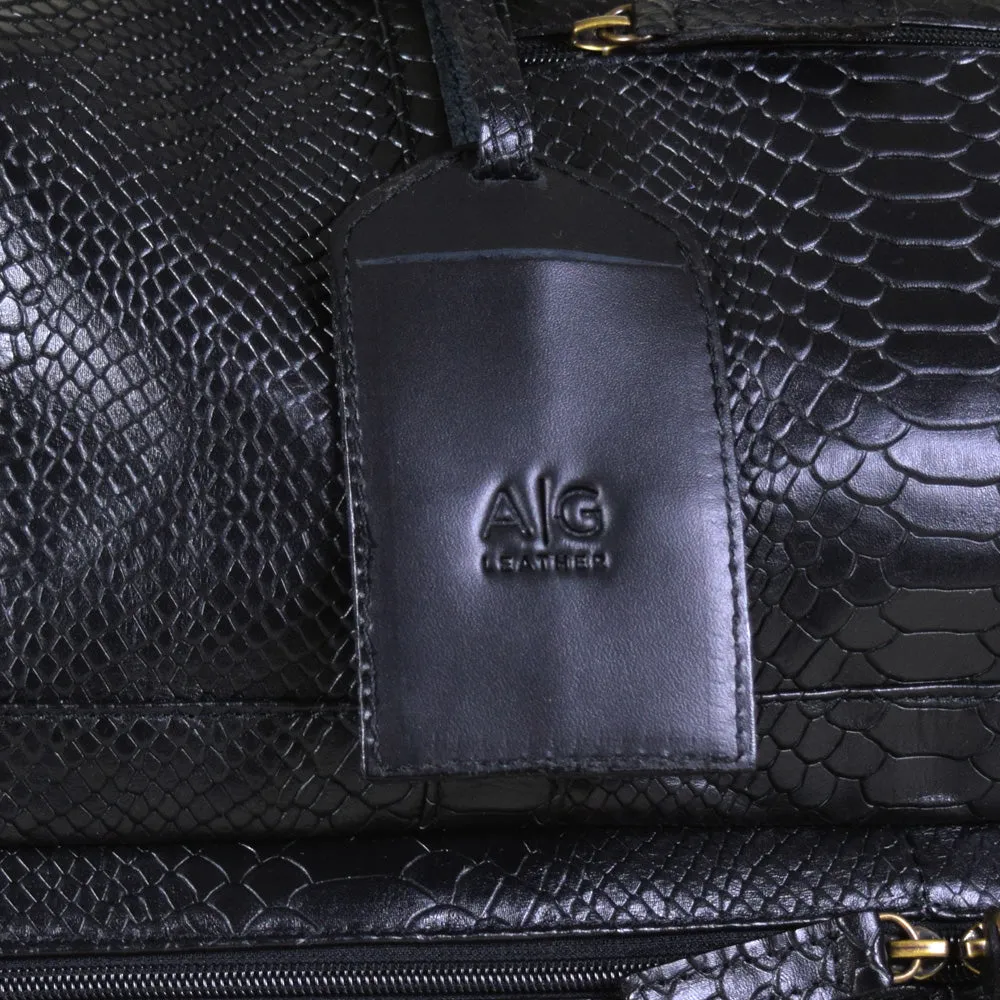 Weekender Bag with shoe compartment in Black Leather snke embossed - Professional Players Favorite - FINAL SALE NO EXCHANGE