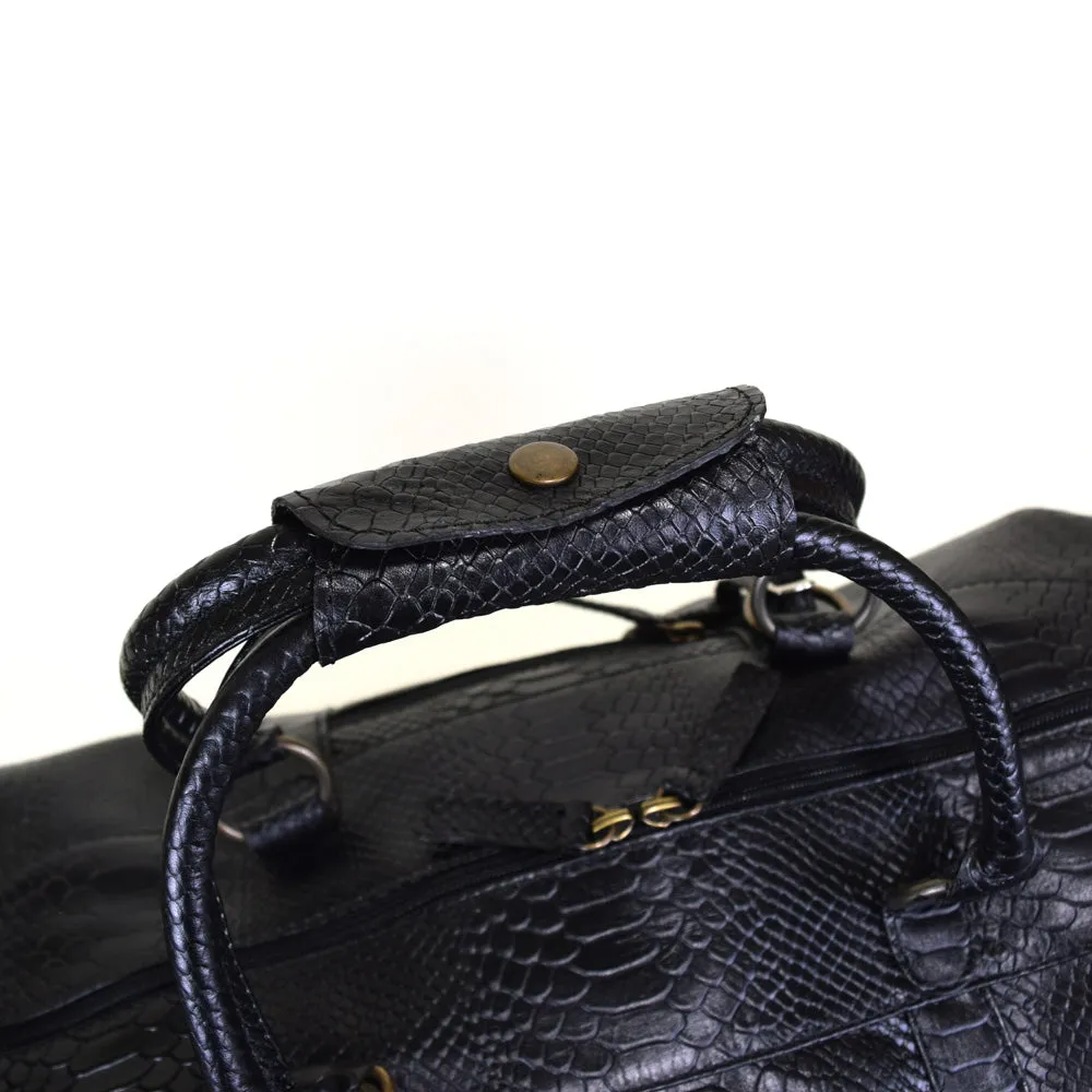 Weekender Bag with shoe compartment in Black Leather snke embossed - Professional Players Favorite - FINAL SALE NO EXCHANGE