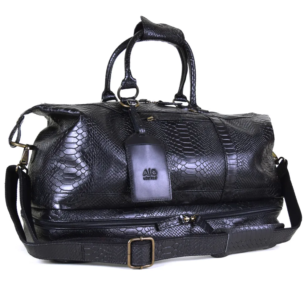 Weekender Bag with shoe compartment in Black Leather snke embossed - Professional Players Favorite - FINAL SALE NO EXCHANGE