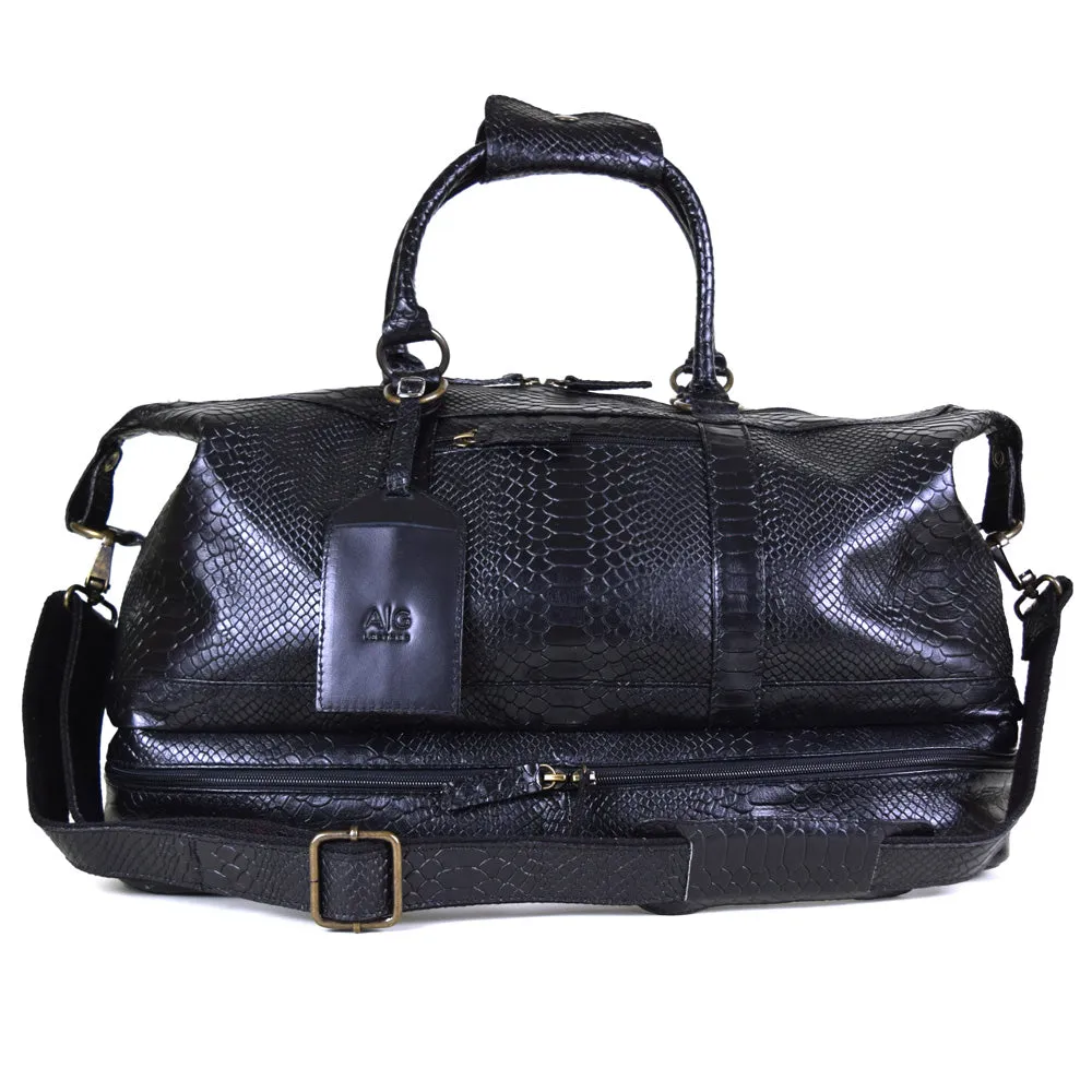 Weekender Bag with shoe compartment in Black Leather snke embossed - Professional Players Favorite - FINAL SALE NO EXCHANGE