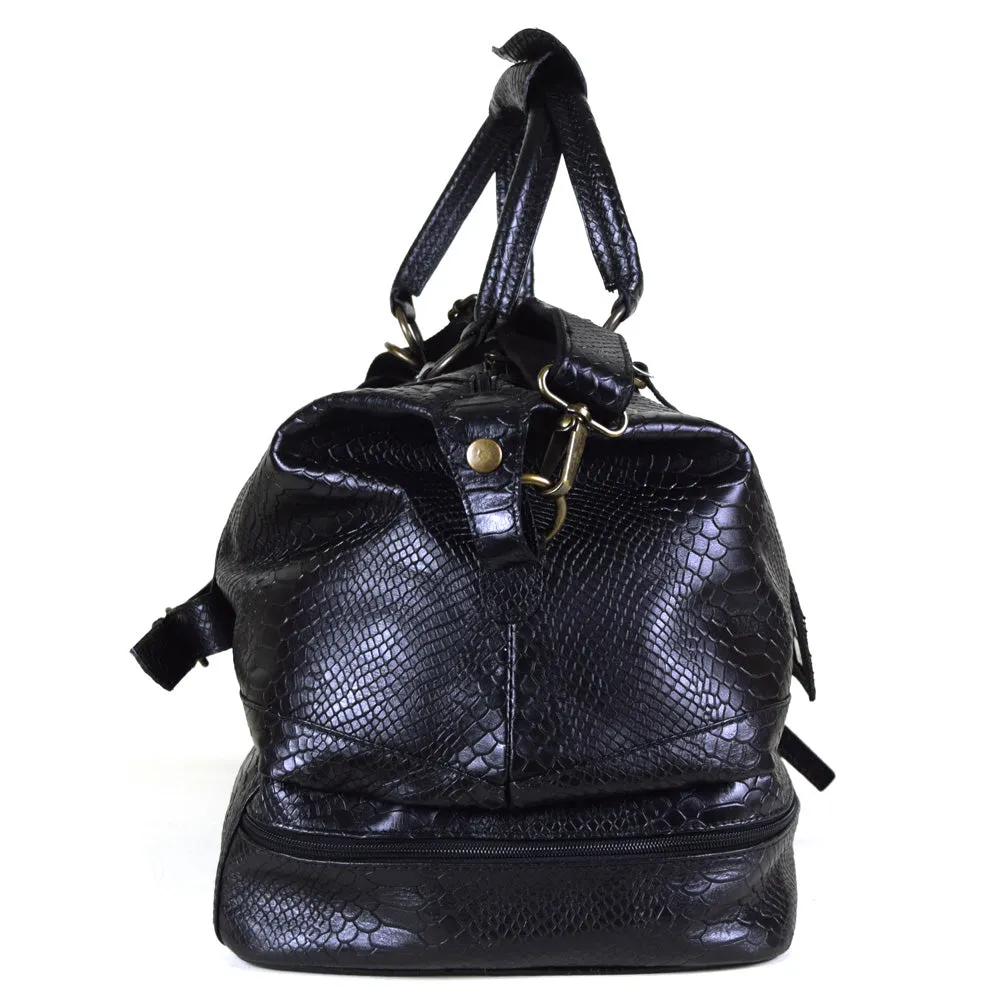 Weekender Bag with shoe compartment in Black Leather snke embossed - Professional Players Favorite - FINAL SALE NO EXCHANGE